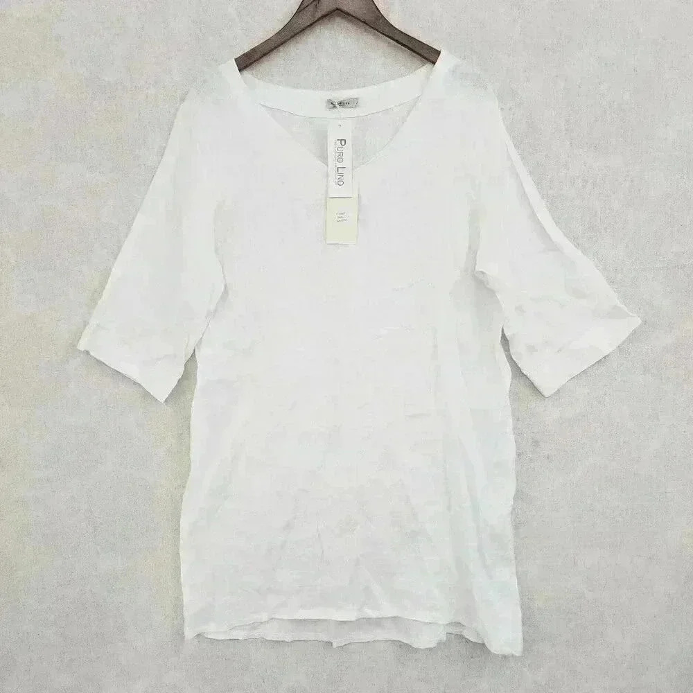 NEW Alessia Pacini Made in Italy 100% Linen V neck Beach Wear Dress L 7203C